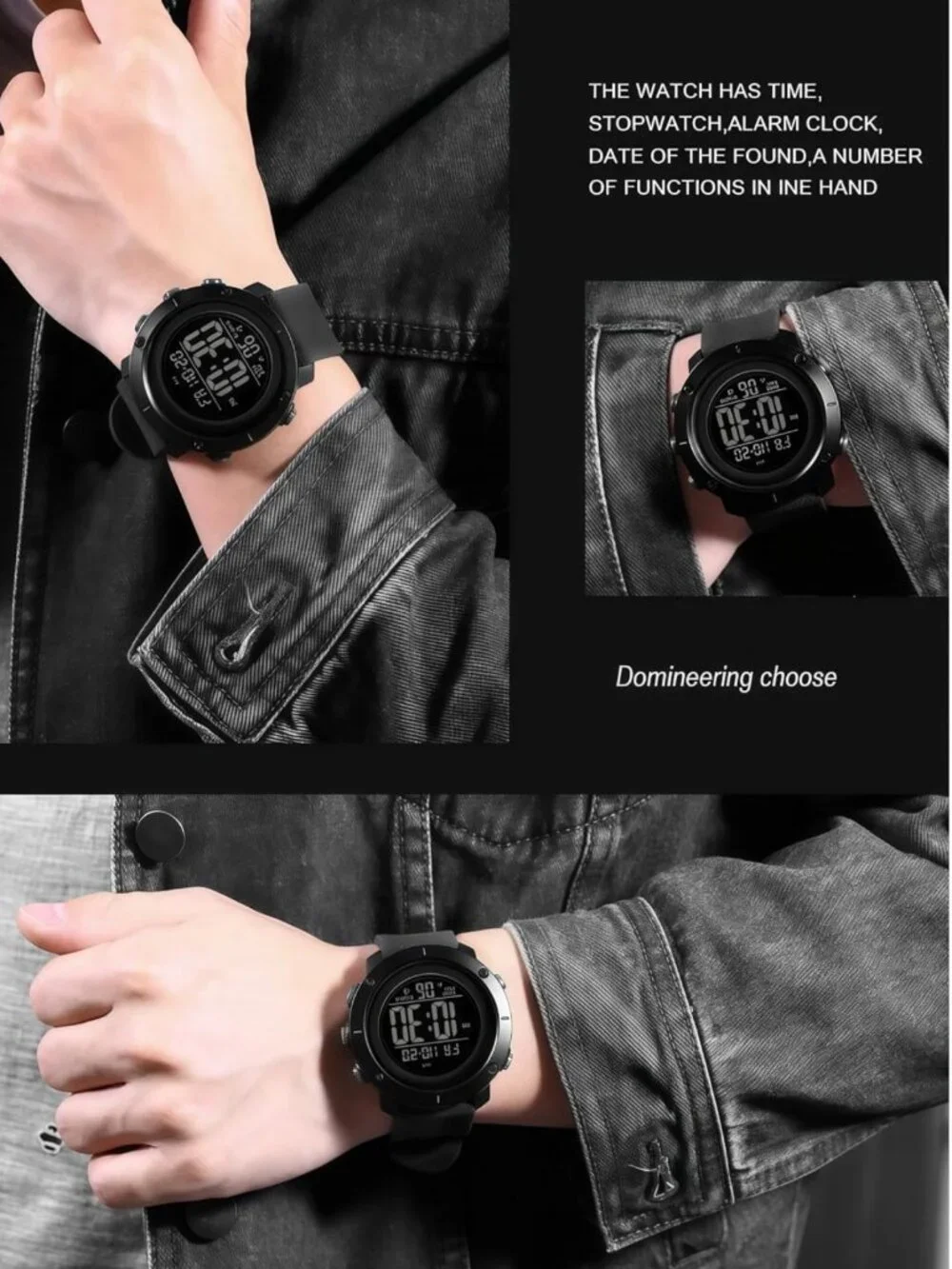 Men's Waterproof Digital Sports Watch with Backlight - Military Style, Black